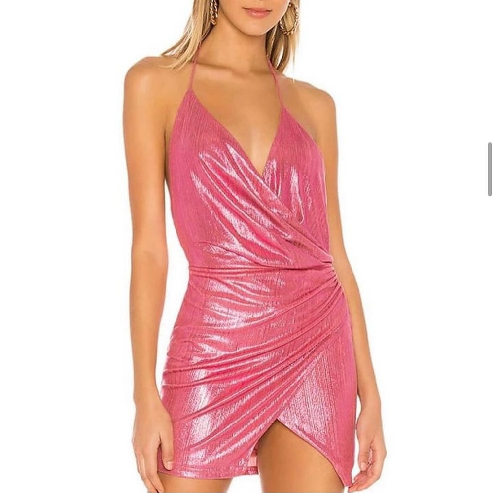 superdown Metallic Pink Halter Wrap Mini Dress